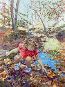 Painting of a child playing by a stream in a forest