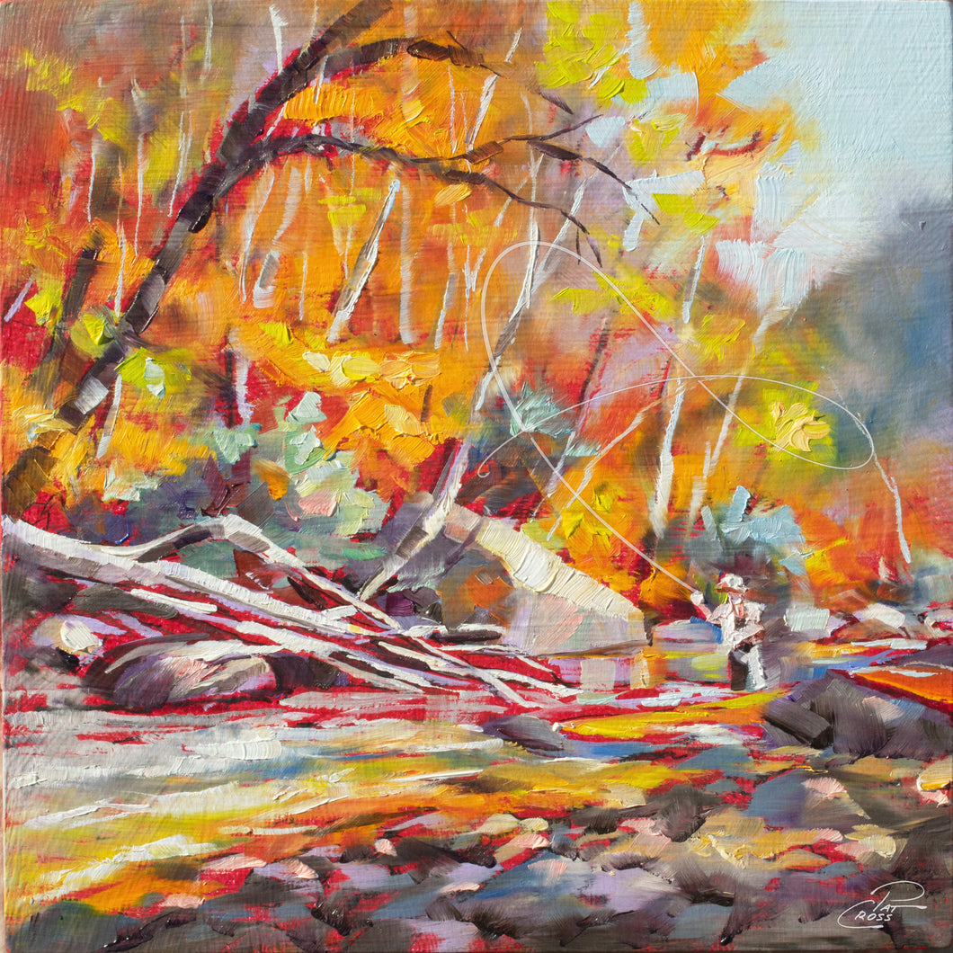 New original oil painting titled Autumn Casting by Pat Cross.