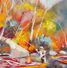Load image into Gallery viewer, Closeup detail of original oil painting titled Autumn Casting by Pat Cross.
