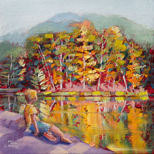 Original oil painting titled Autumn Lakeside Rest by Pat Cross.