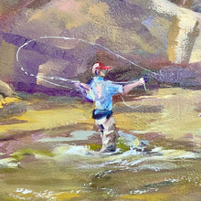 Load image into Gallery viewer, Detail of fisherman in the custom framed original oil painting by Pat Cross titled Autumn on the River.
