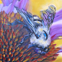 Load image into Gallery viewer, Painting of a bee on a sunflower with vibrant colors.Custom framed original oil painting titled Bee Beautiful by Pat Cross.
