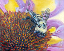 Load image into Gallery viewer, Painting of a bee on a flower with vibrant colors.Custom framed original oil painting titled Bee Beautiful by Pat Cross.
