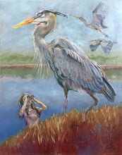 Load image into Gallery viewer, Painting of a heron in a natural setting with a person in the foreground.
