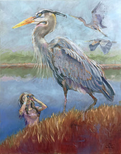 Painting of a heron in a natural setting with a person in the foreground.