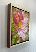 Load image into Gallery viewer, Side view of custom framed Original oil painting titled Budding Rhododendron by Pat Cross.

