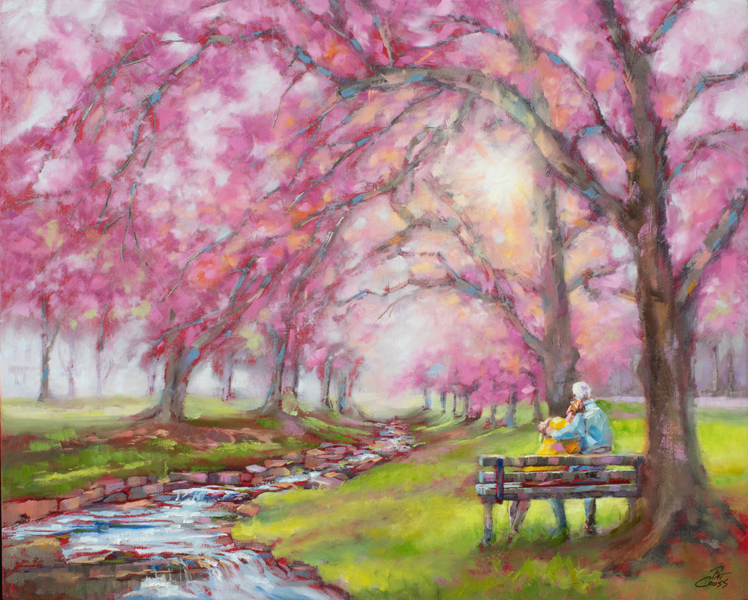 Original oil painting titled Cherry Blossom Lovers by Pat Cross.