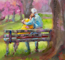 Load image into Gallery viewer, Detail of Original oil painting titled Cherry Blossom Lovers by Pat Cross.
