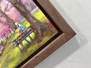Frame detail of Original oil painting titled Cherry Blossom Lovers by Pat Cross.