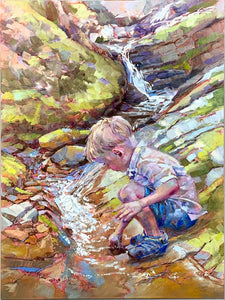 Painting of a child by a stream in a natural setting