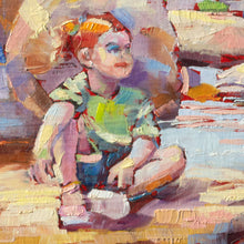 Load image into Gallery viewer, Colorful painting of a child sitting a boulder by a creek.
