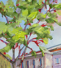 Load image into Gallery viewer, Detail of brush strokes in tree of original oil painting titled Greenbrier Chapel in Summer by Pat Cross.
