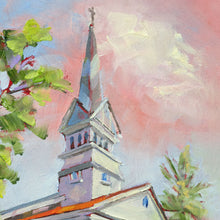 Load image into Gallery viewer, Detail of steeple in original oil painting titled Greenbrier Chapel in Summer by Pat Cross.
