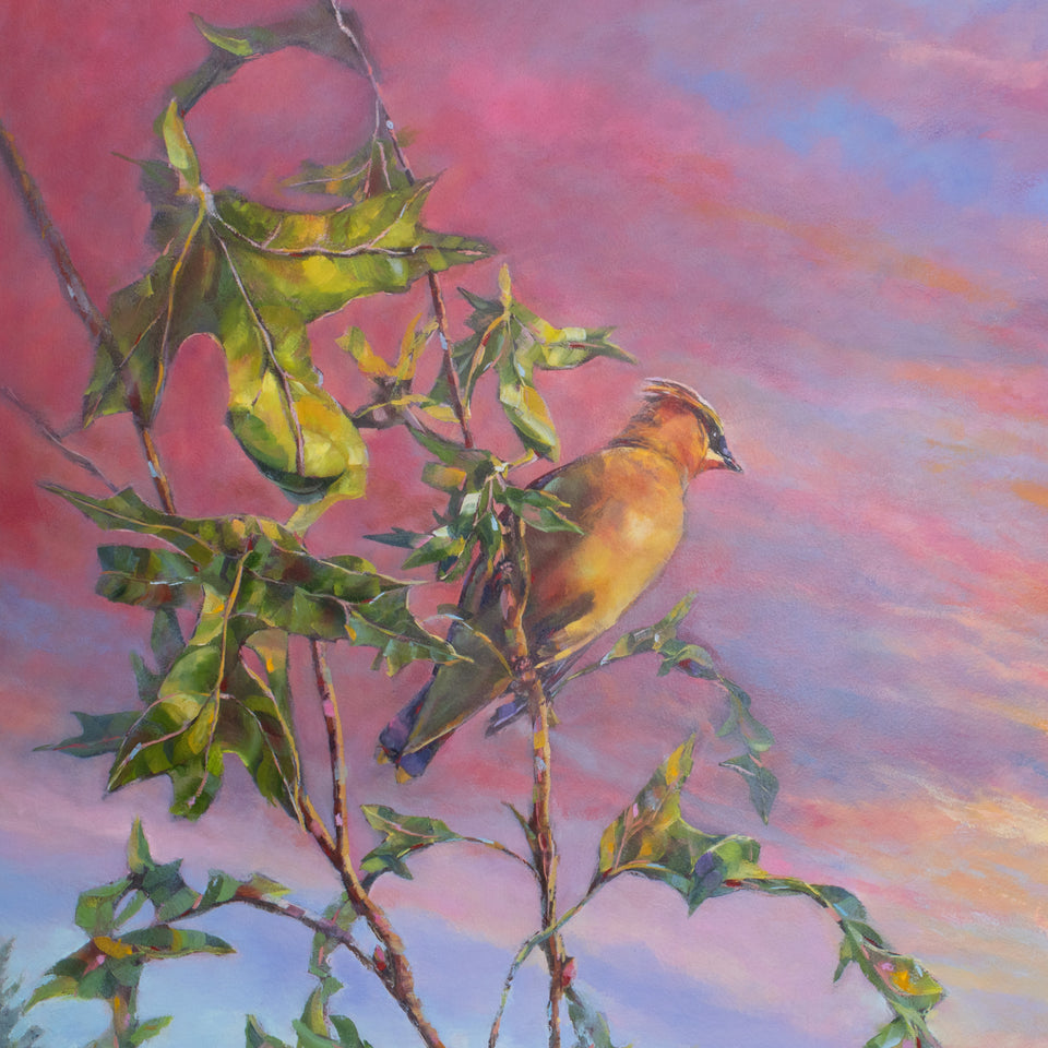 Heavenly Westward View oil painting commission detail of Cedar Waxwing by Pat Cross