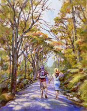 Load image into Gallery viewer, Painting of two people walking on a path through a forest
