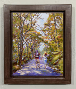 Original oil painting titled Just to Two of Us by Pat Cross is mounted in a solid wood custom frame.