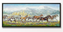 Load image into Gallery viewer, Custom framed oil painting of horses running in a field with mountains in the background
