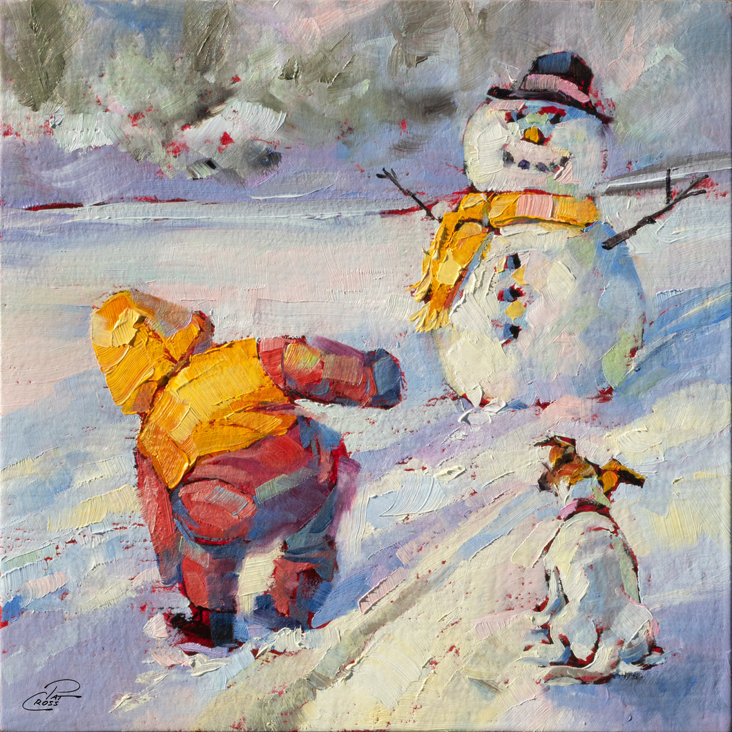 Painting of a toddler playing with a snowman and puppy in a snowy landscape