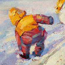 Load image into Gallery viewer, Closeup of toddler in Custom framed original oil painting titled One More Button by Pat Cross.
