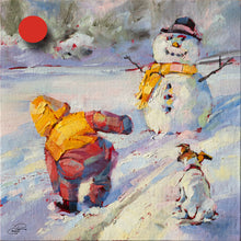 Load image into Gallery viewer, Original Oil Painting by Pat Cross of children playing in the snow with a snowman.
