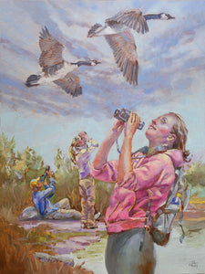 Painting of a woman with binoculars observing geese in a natural setting