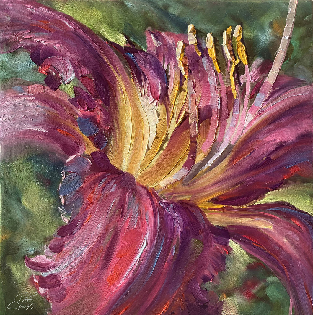 Passion Red Daylily oil painting by Pat Cross.