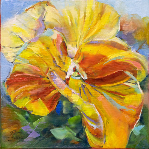 Original oil painting titled Petunia Sunshine by Pat Cross.