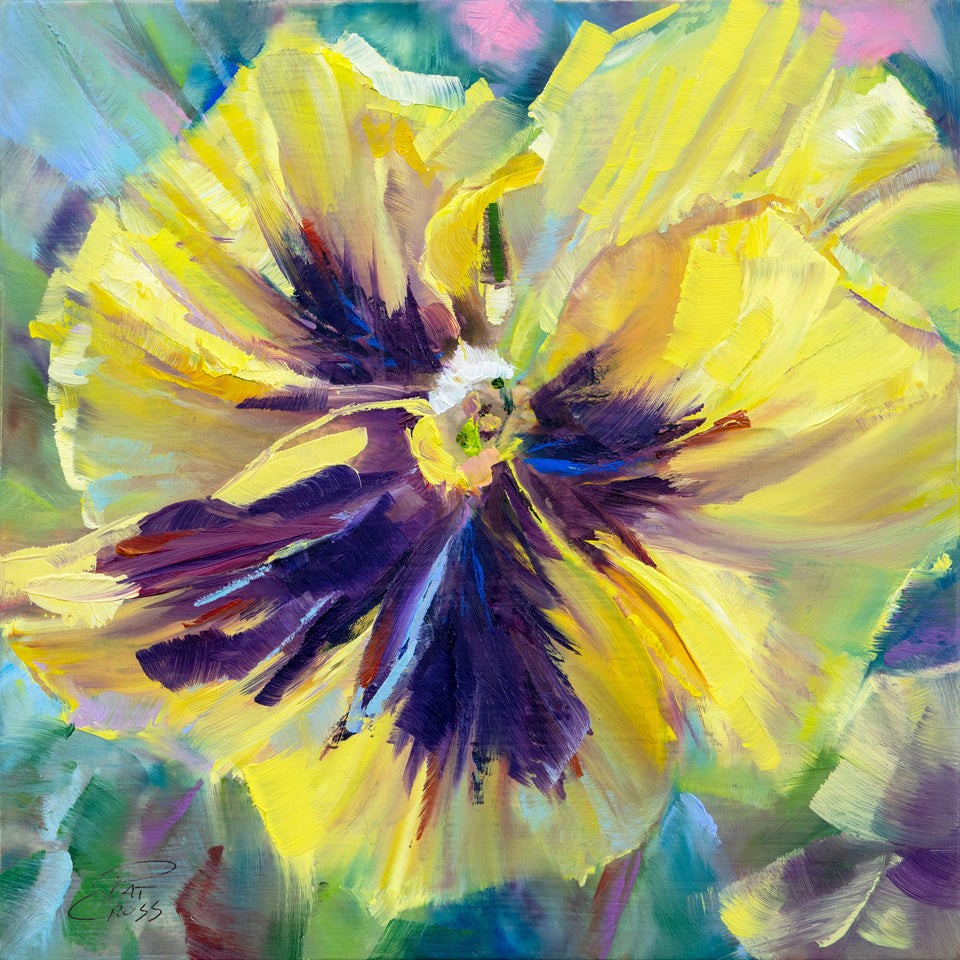 Purple Wing Yellow Pansy original oil painting by Pat Cross.