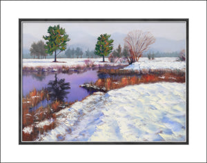 A winter scene by Pat Cross titled Reflections in Purple 11x14 Print