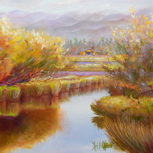 Original oil painting by Pat Cross titled River Willow Reflections