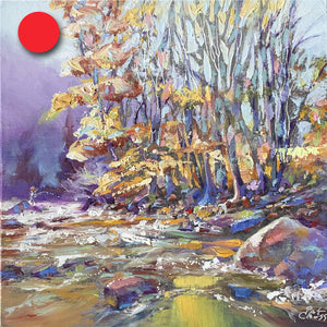 Original oil painting titled River Flow Autumn by Pat Cross.