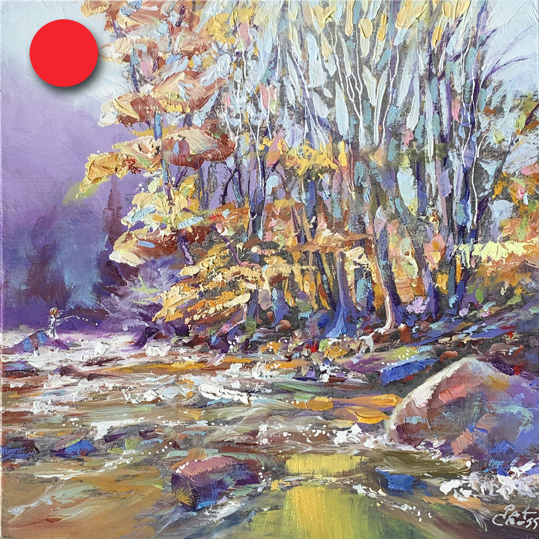 Original oil painting titled River Flow Autumn by Pat Cross.