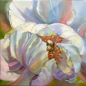 Shy Peony original oil painting by Pat Cross.
