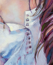 Load image into Gallery viewer, Close up detail of original oil painting titled Sunshine on My Shoulder by Pat Cross.
