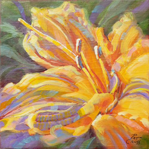 Original oil painting titled Sunburst Daylily by Pat Cross.