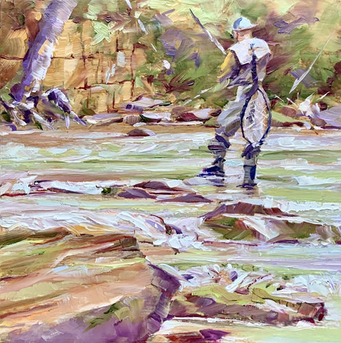 Original oil painting titled The Angler by Pat Cross.