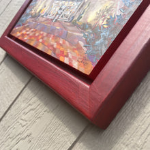 Load image into Gallery viewer, Close up of custom framing of original oil painting titled Twilight on Tamarack by Pat Cross.
