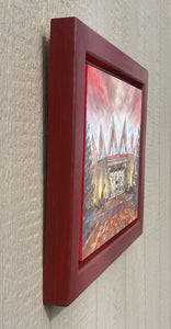 Side profile of custom framed original oil painting titled Twilight on Tamarack by Pat Cross.