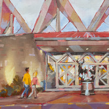 Load image into Gallery viewer, Close up of couple walking in the original oil painting Twilight on Tamarack by Pat Cross.
