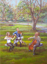 Load image into Gallery viewer, Painting of three musicians playing string instruments in a park.
