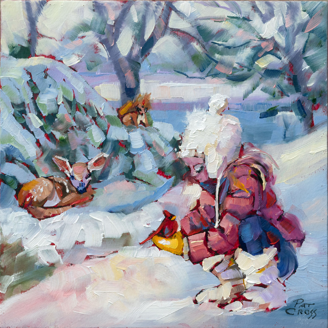 Custom framed original oil painting titled Winter Playmates by Pat Cross.