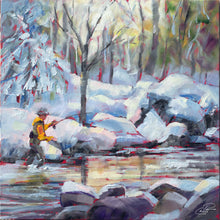 Load image into Gallery viewer, NEW! Custom framed original oil painting titled Winter Wade by Pat Cross.
