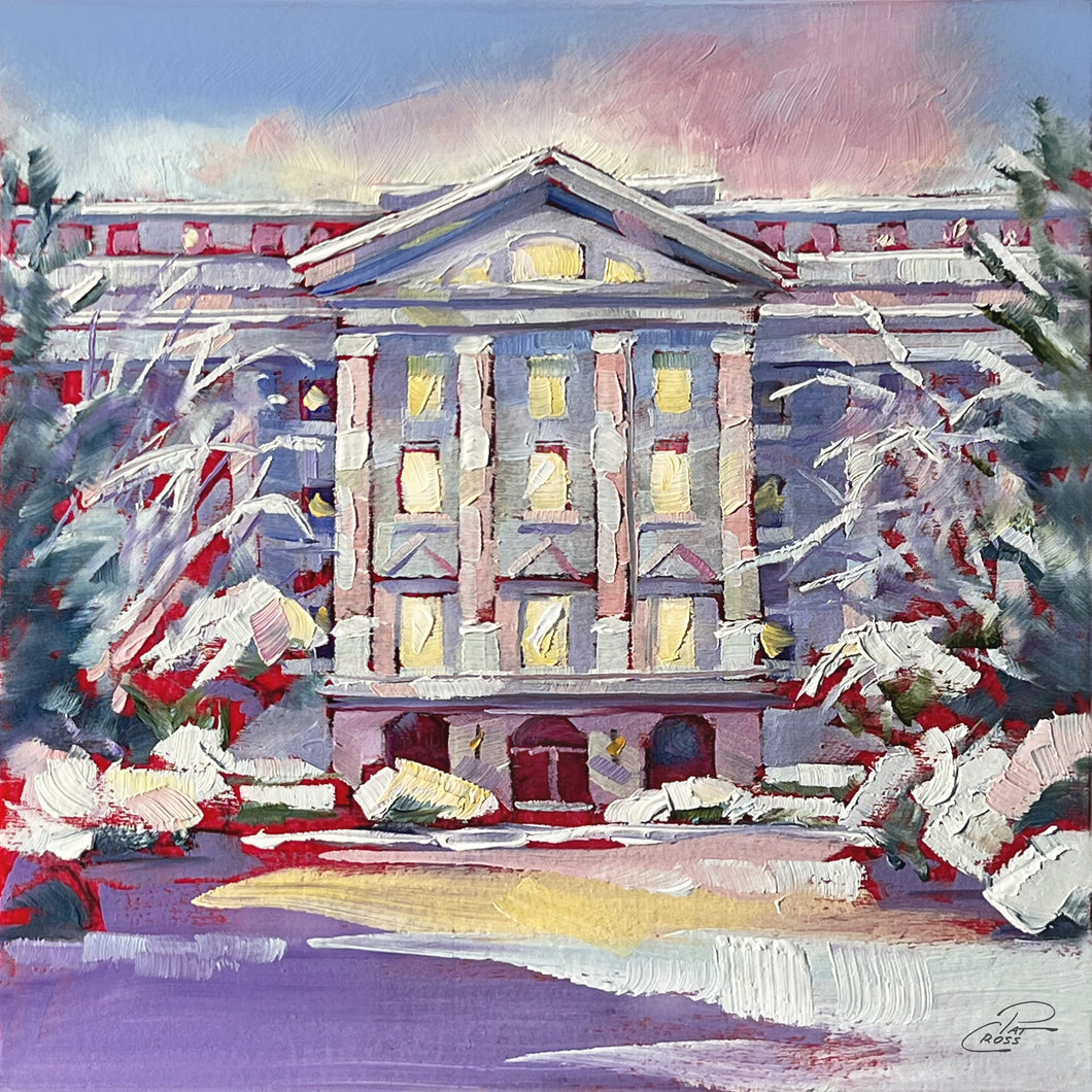 Original oil painting titled Winter on the Greenbrier Hotel by Pat Cross.