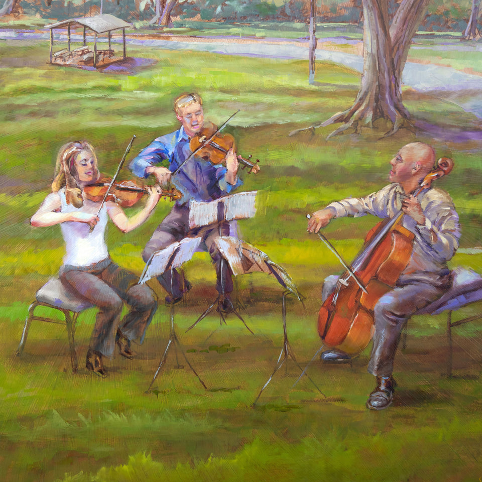 Oil painting by Pat Cross titled Vivaldi in the Park now showing at Carnegie Hall