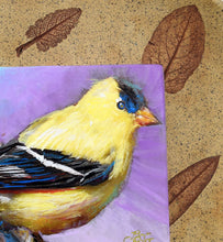 Load image into Gallery viewer, Alluring Goldfinch original painting by Pat Cross mounted in a handbuilt kiln fired stoneware frame detail.
