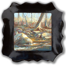 Load image into Gallery viewer, Along the River Bank original oil painting mounted in a fire-glazed stoneware frame by Pat Cross.
