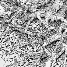Load image into Gallery viewer, Back to Her Roots original pen and ink drawing detail of roots by Pat Cross.
