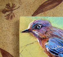Load image into Gallery viewer, Backyard Bluebird painting by Pat Cross mounted in a handbuilt and kiln fired stoneware frame close up detail.
