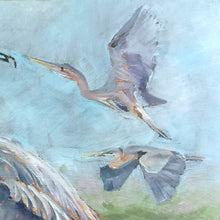 Load image into Gallery viewer, Blue Heron Pit Stop oil painting detail of flying herons by Pat Cross.
