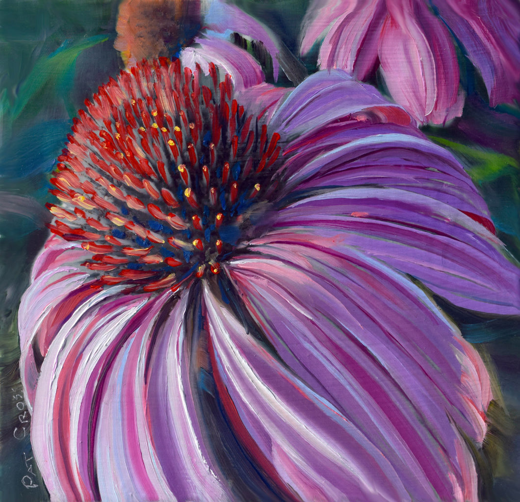 Courting Cone Flower 6x6 oil painting by Pat Cross